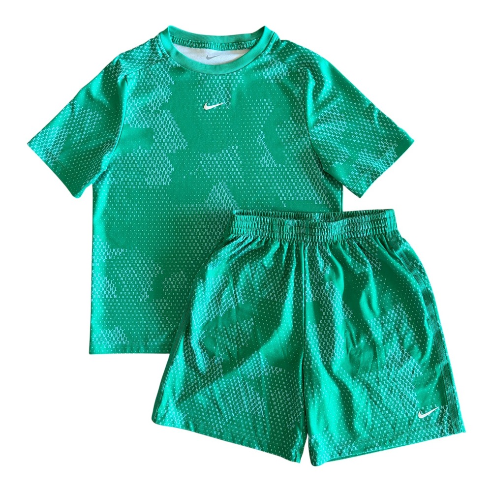Nike Boys Green Logo Print Dri-FIT Athletic Shirt Shorts Outfit - Youth Large